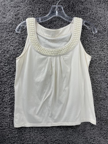 Talbots Tank Top Women's Small Ivory Cotton Stretch Pleated Beaded Neck Blouse - Picture 4 of 11