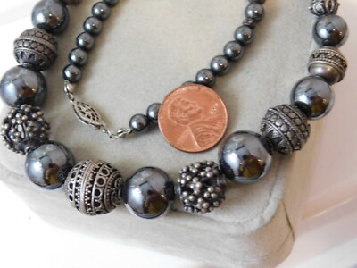 Alt Tibetische hand crafted Sterlingsilber Perle Abgestuft Hematit Halskette 10k