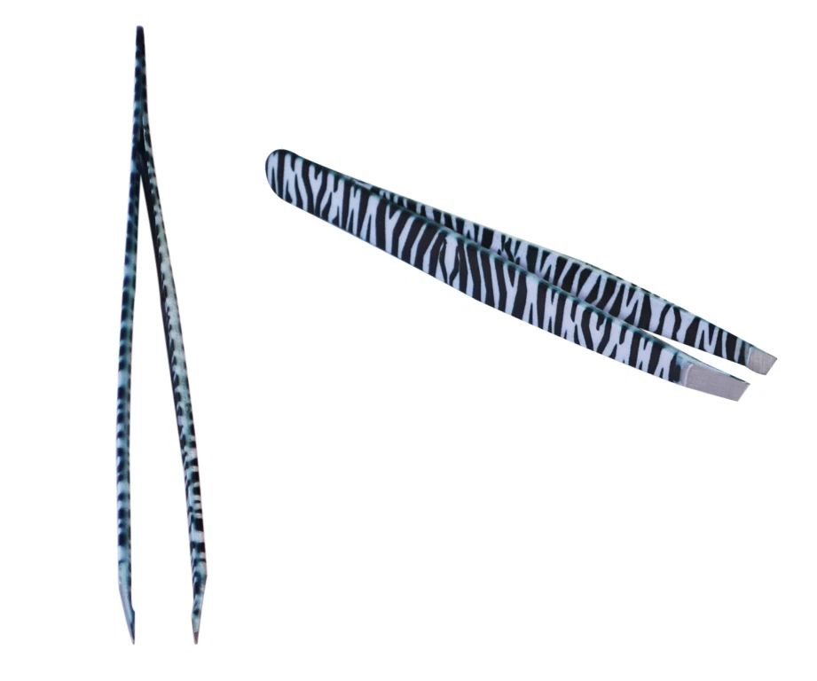 Professional Eyebrow Stainless Steel Tweezers Hair Removal Slanted Tip Zebra