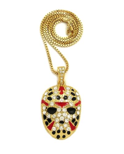 Men's Jason Mask Pendant With 20" 2mm Box Chain 14K Gold Plated - Afbeelding 1 van 7