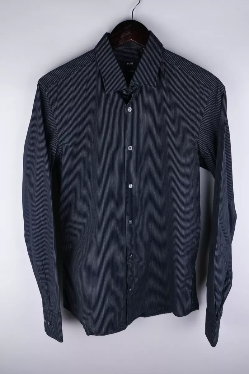 HUGO BOSS Men Formal Shirt Slim Fit Black Striped Cotton size 40 15 3 4