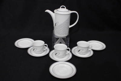 11pc GRAF VON HENNEBERG Black/White Demitasse Coffee Pot Cup Saucer Set, Jlmenau