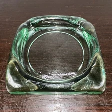 Vintage Square Heavy Candle Holder Green Glass 4 Cigar Ashtray 6 1/2"