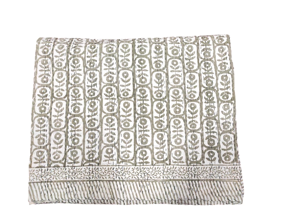 Block Print Kantha Quilt Cotton Indian Bedspread Handmade Bedding Blanket Throw - Image 3 of 4