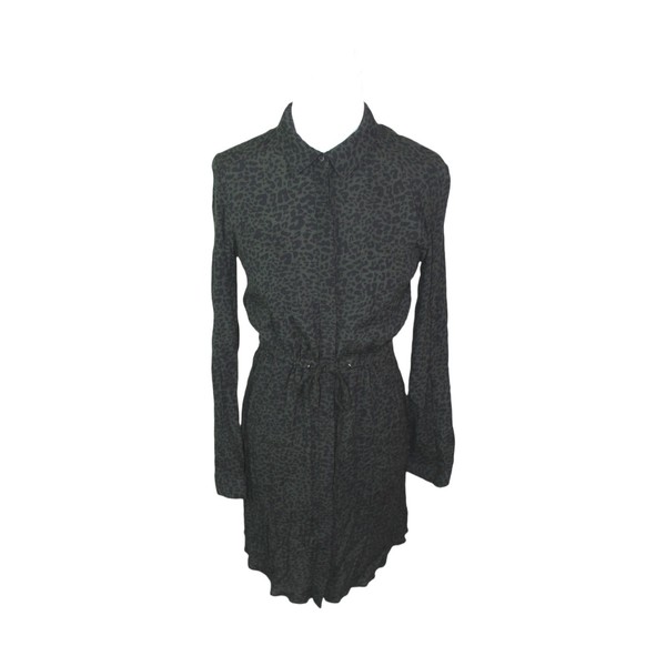 Decjuba Shirt Dress Size 8 Green Leopard Print Long Roll Tab Sleeve Viscose