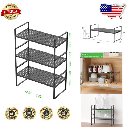 Expandable 3-Tier Shelf Organizer - Stackable Metal Rack for Kitchen & Office - 第 1/9 張圖片