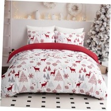 Christmas Duvet Cover Set Reindeer Snowflakes Bedding Set Soft Queen Red