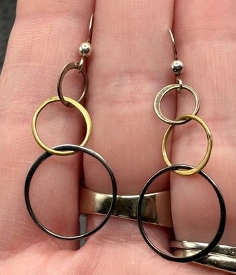 Sterling Silver Mixed Metal Try Color Interlocking Circle Dangle Drop Earrings