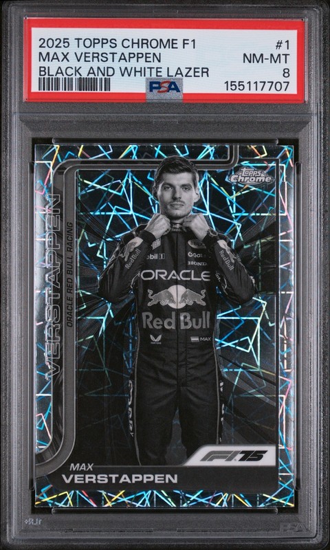 MAX VERSTAPPEN #1 BLACK AND WHITE LAZER RED BULL 2025 TOPPS CHROME F1 PSA 8