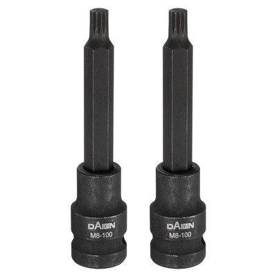 2pcs M8 12 Point Spline Bit Socket 100mm Length 1/2'' Square Impact Bit, Black