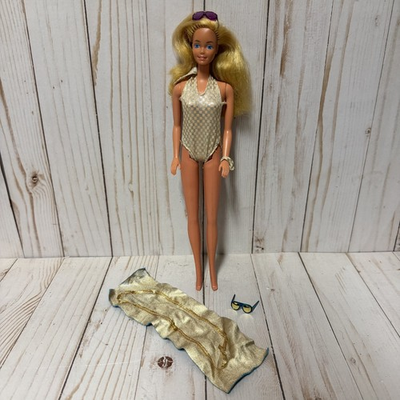 #ad #ad Barbie Sun Gold Malibu Doll 1067 Checkered Bathing Suit Sunglasses Bag Accessory $24.99