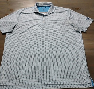 johnnie-O Performance Polo Men s XL Blue White Geo Pattern Golf Logo on Sleeve 