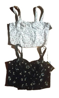 NEW Lot of (2) No Boundaries Knit Denim Floral Corset Tops  (L) 11-13 JR.  CUTE!