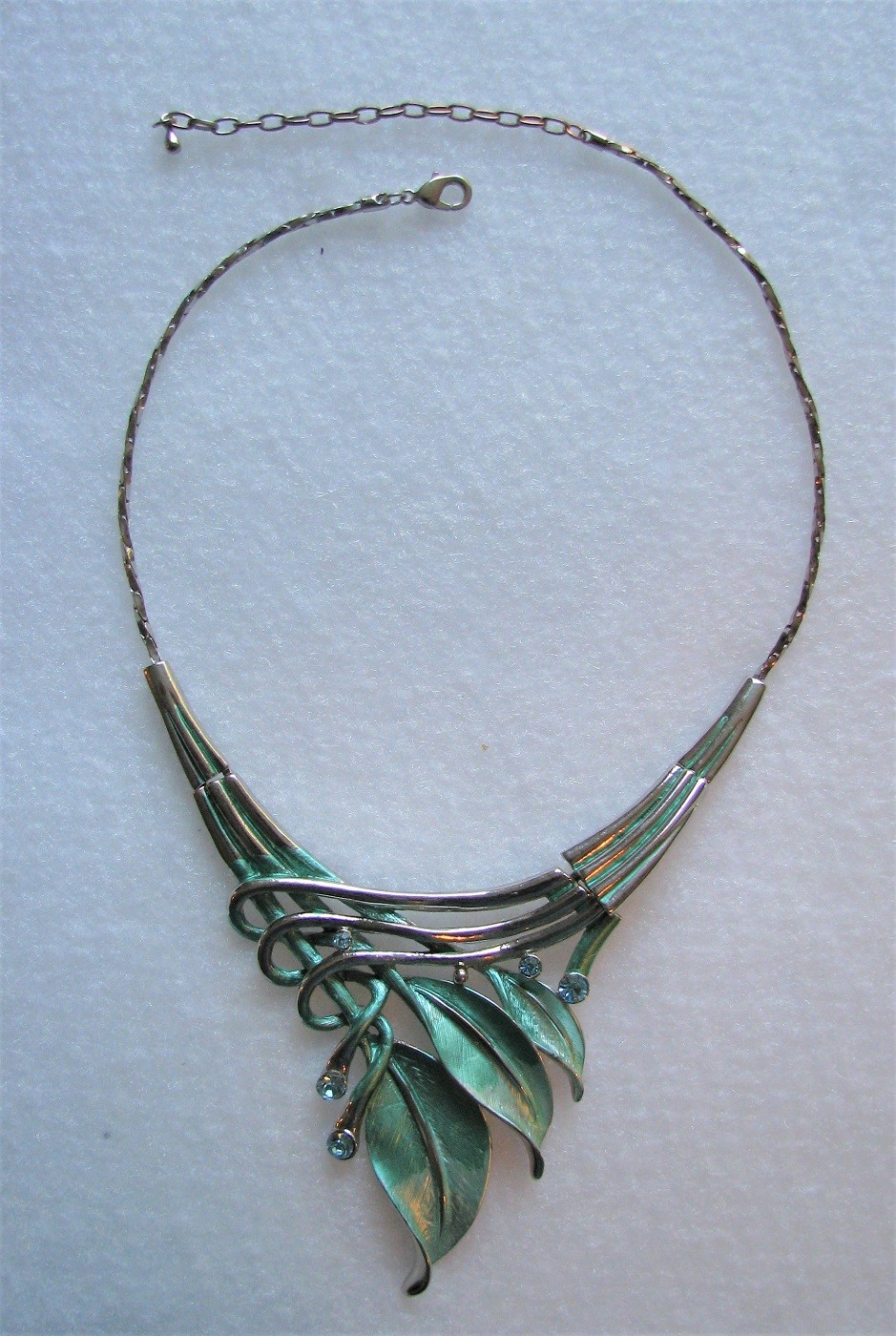 Green Leaf & Rhinestone Statement Necklace - image 1