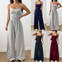 Ladies Strappy Ruched Halterneck Romper Wide Leg Pants Summer Jumpsuit Playsuits