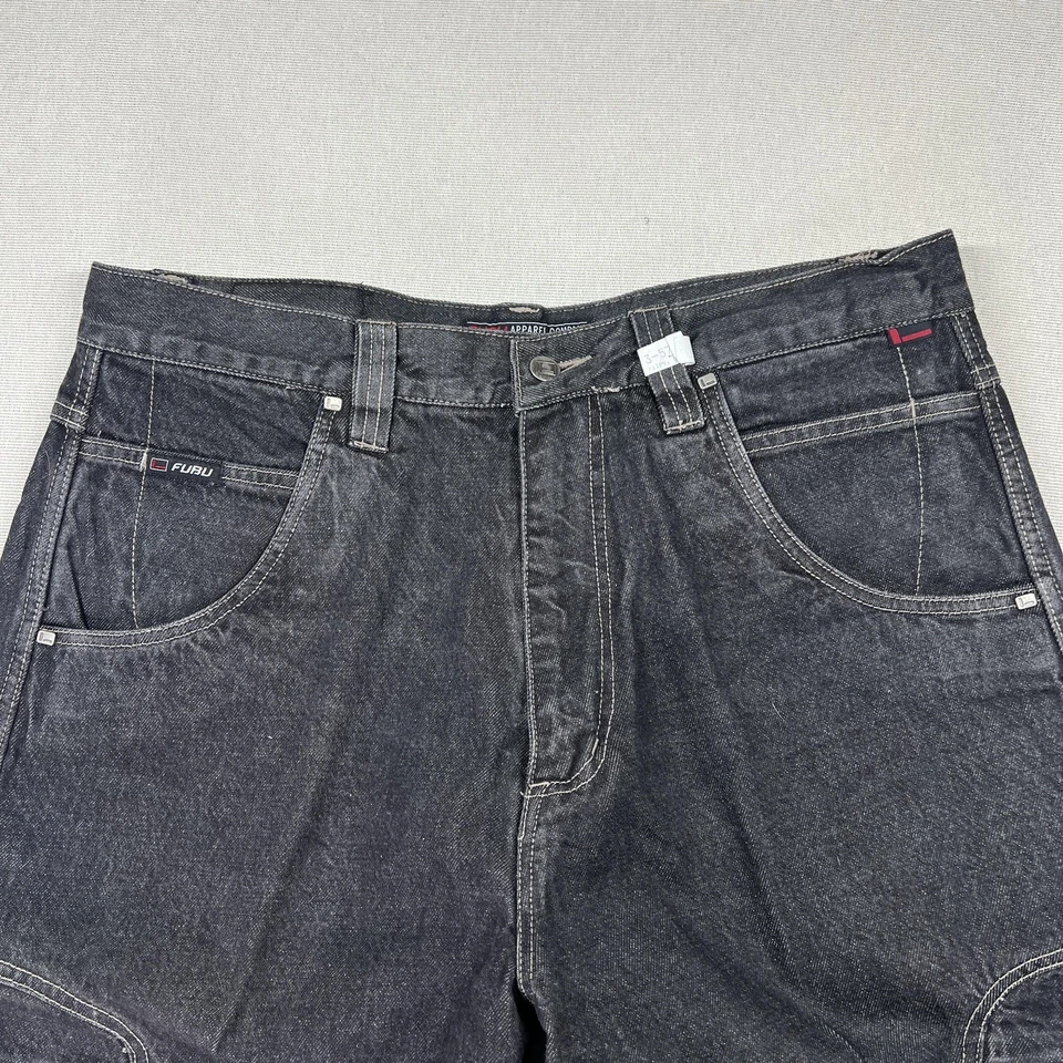 FUBU Shorts Mens 36 Black Denim Carpenter Workwear Long Pockets Baggy Jean Style - Image 3 of 4