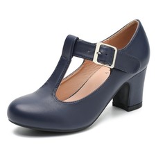 Women's T-Strap Mary Jane Pumps Low Block Chunky Heels Closed Round Toe Dress