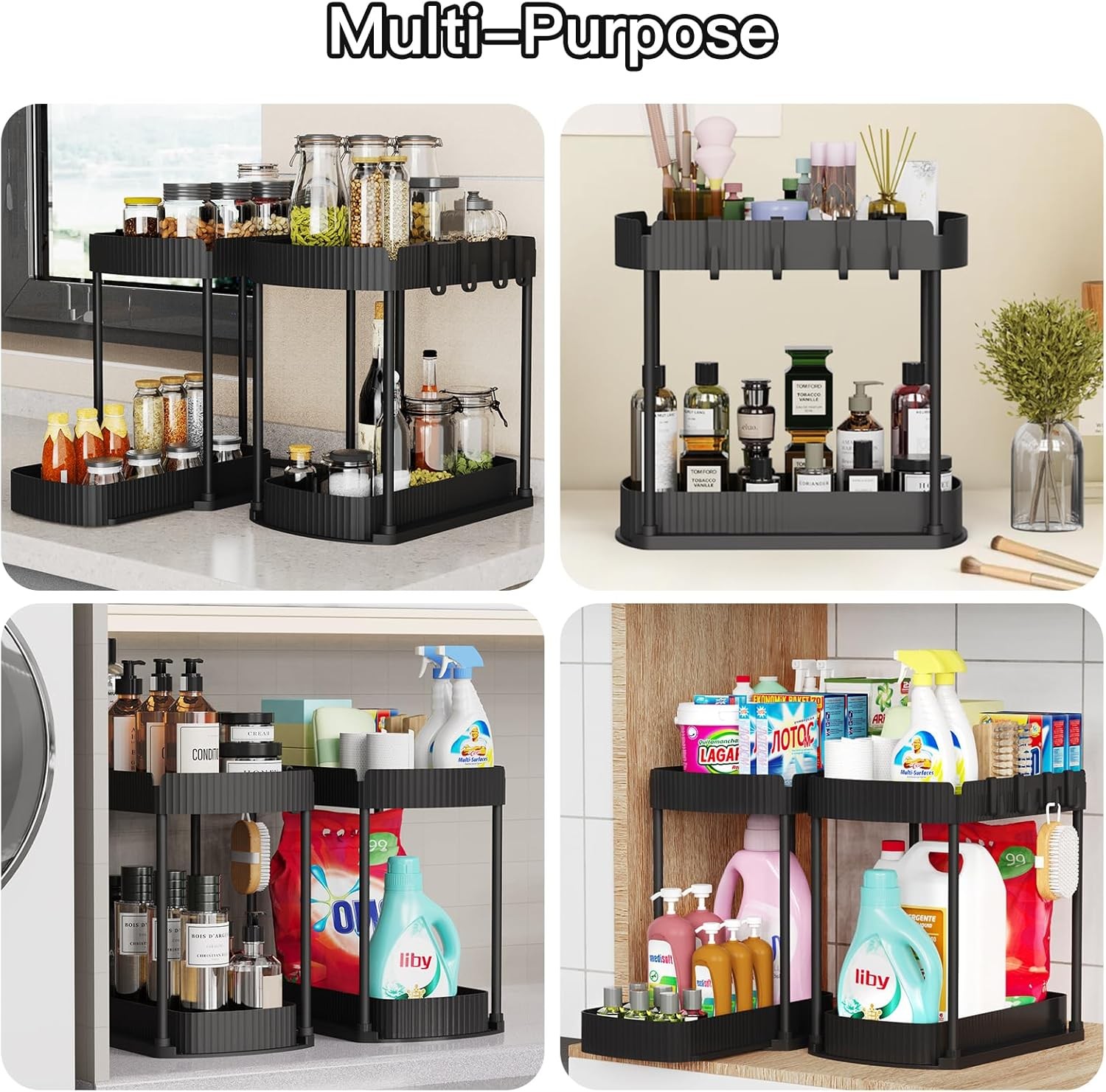 2 Pack Multi-Purpose Pull-Out Storage Organizers, Under Sink 12.8 Inch, Black 