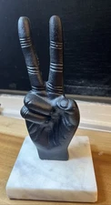 Sculpture Hand Statue Black Metal Peace Sign 8” Metallic Marble Stand