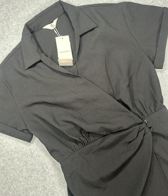 COMMENSE Black Collared Wrap Dress Short Sleeve Button S Polyester Woven