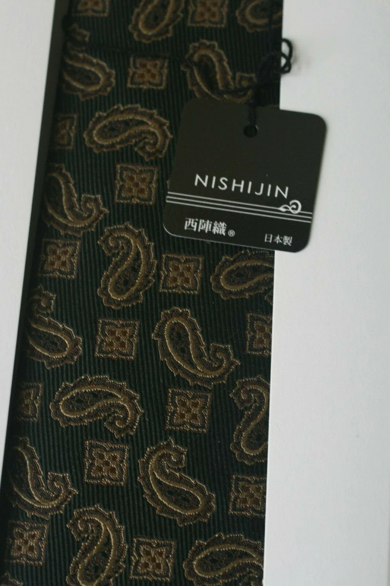 GORGEOUS NISHIJIN JAPAN 100% SILK MEN TIE DARK GREEN WITH BROWN/BEIGE DESIGNS