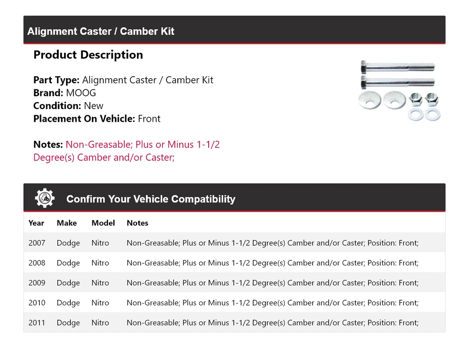 For 2007-2011 Dodge Nitro Alignment Caster / Camber Kit Front MOOG 2007 2008 - Image 2 of 3