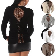 Damen Pullover Rücken-Ausschnitt Leopard Langarmshirt Sweatshirt 34 36