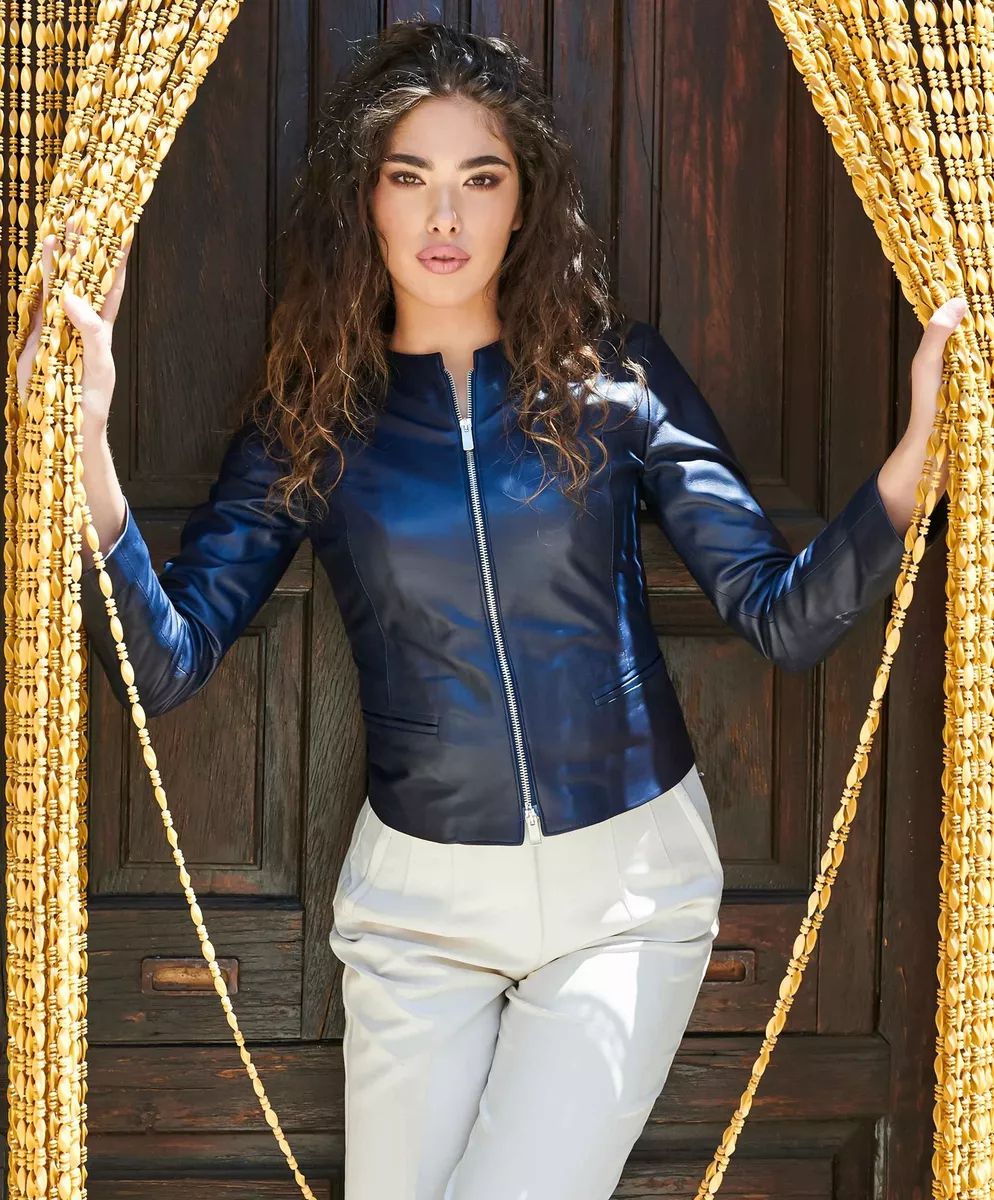 Giacca in top pelle blu donna