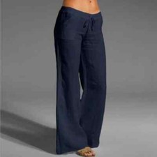 NEW Women Cotton Linen Trousers Ladies High Waist Holiday Baggy Wide Leg Pants