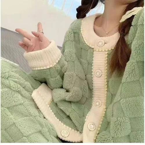 Coral Fleece Pajamas Set Women Lounge Home Suit Warm Sleepwear Homewear Set - Picture 6 of 10