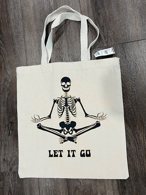 NWT Bokeh Supply Tote bag reusable skeleton meditating Let It Go 15'' X 16''