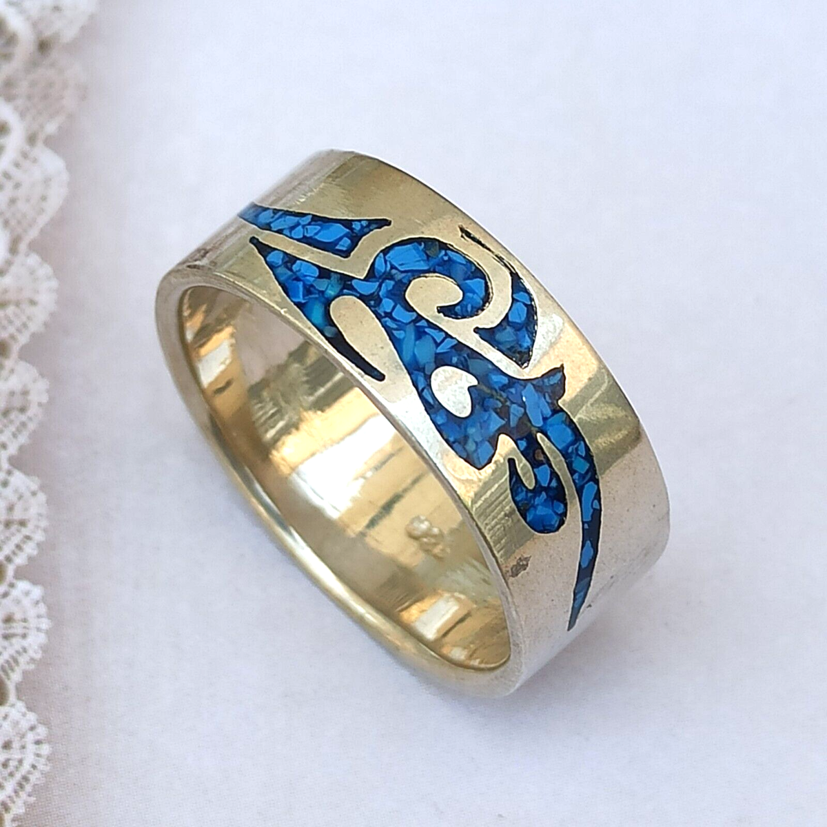 Men Silver Band Ring Blue Maori Mosaic Swirls Heavy Sterling 925