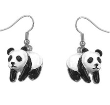 Silver Tone Rhodium Plated Panda Bear Dangle Earrings Fast Shipping