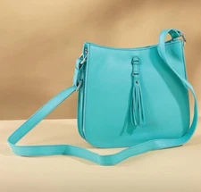 ili New York Turquoise Genuine Leather Tassel RFID Block Feed Crossbody Bag NWT