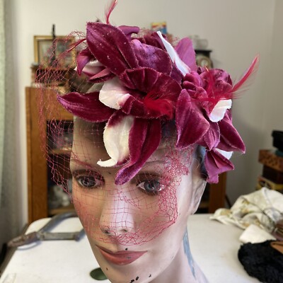 Raspberry Petal and Leaf Cocktail Hat by Mr. John Jr. Vintage 1950's Velvet Lily