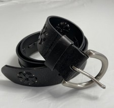 Fossil Black Leather Silver Studs Belt Star Flower Design
