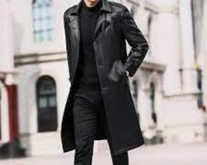 Winter Lambskin Mens Leather Trench Coat Jacket Overcoat Soft Black Elegance