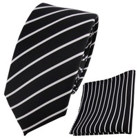 Schmale Tigertie Designer Krawatte + Einstecktuch Schwarz Weiß Silber Gestreift