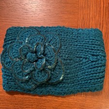 New Knitted headband Ear warmer adjustable Turq 2 buttons,Big Crocheted Flower