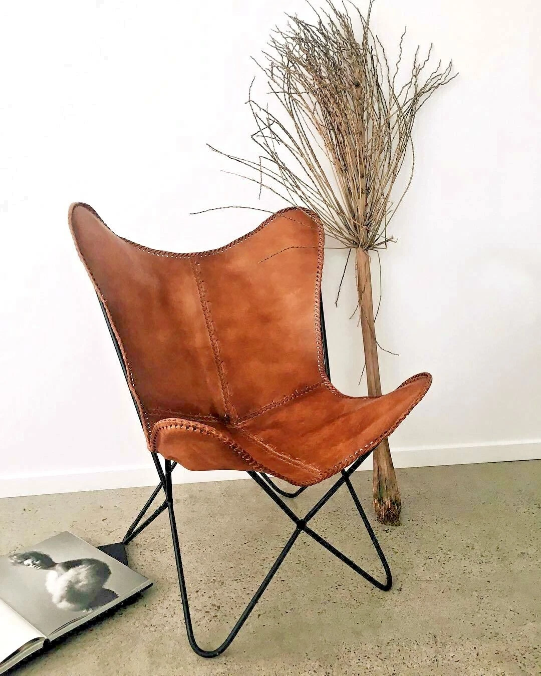 Butterfly Chair Handmade Vintage Leather Powder Coated Iron Folding Stand BKF