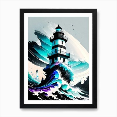 Leuchtturm im Ozean Kunstdruck gerahmt Wandbild Poster Leinwanddruck Bild