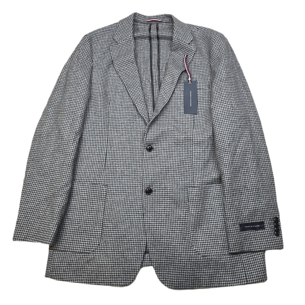 Tommy Hilfiger Houndstooth Sport Coat Mens 42L Light Grey Black Wool $375 NEW