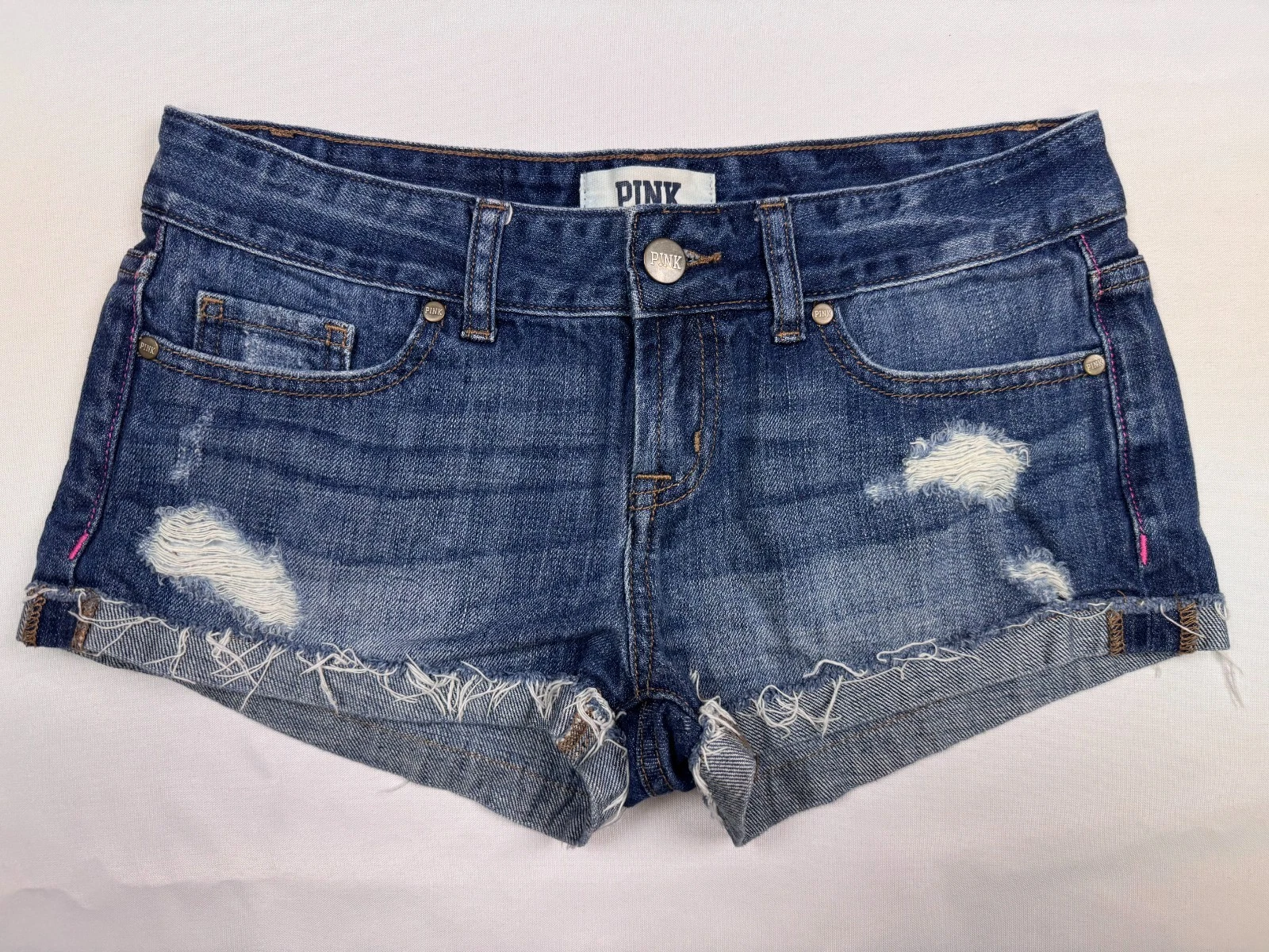 Victorias Secret PINK Women's Sz 2 Denim Shorts Distressed Micro Booty Cheeky