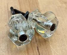 Pair Vtg Small Glass Drawer Pulls Knobs, 1.25"dia ONE W CHIP