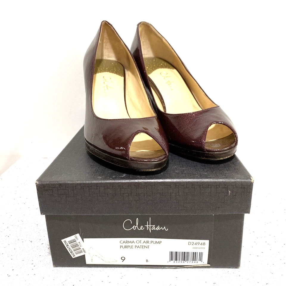 Zapatos Cole Haan 9B Carma OT Air Purple Charol Cuero Metálico Pump Peep Toe Foto 3 de 4