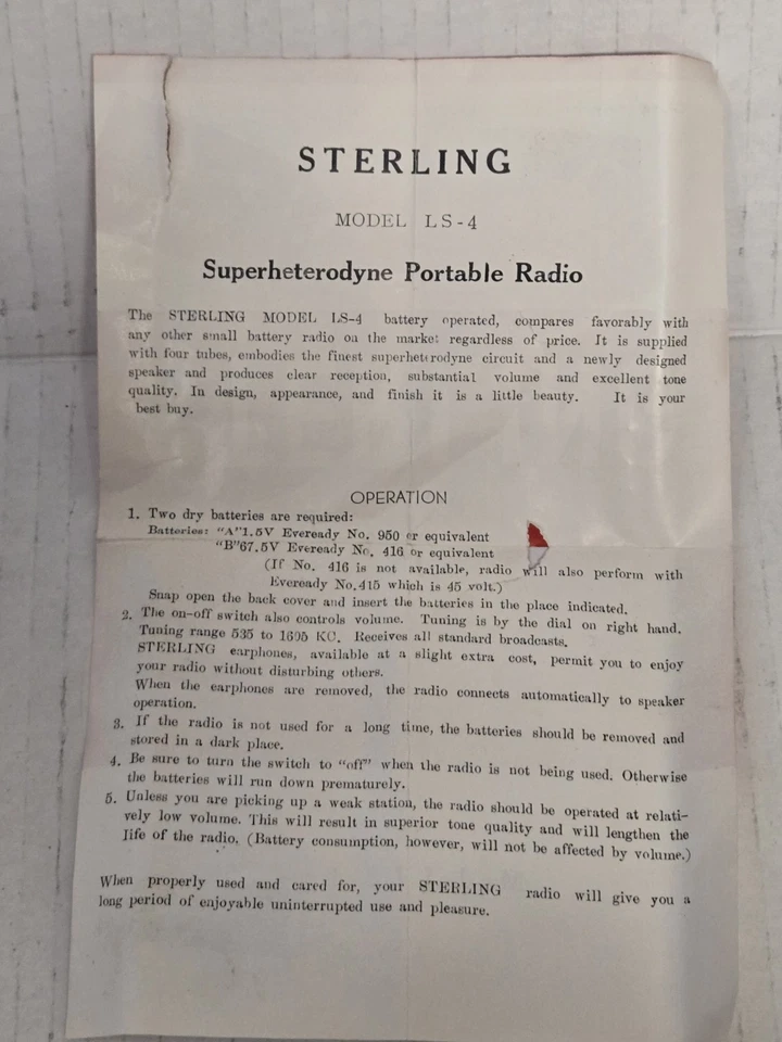 Vtg Green STERLING PORTABLE SUPER HETERODYNE MODEL S-4 w/Manual & Box Japan - Image 3 of 4