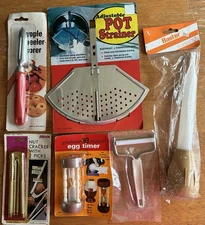 Vintage NOS Lot of 6 Kitchen Utensils Egg Timer Nut Cracker Pot Strainer Baster