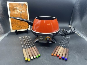 Vintage Sears Electric Fondue Set - Orange Pan w/Cord & 12 Fondue Forks