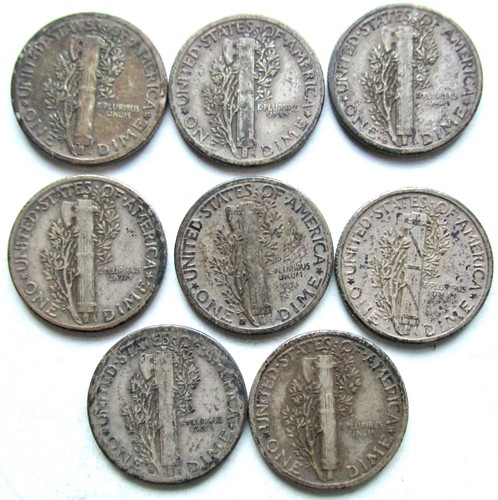 8 Mercury Dimes~1923, 1926, 1926-D, 1927, 1928, 1928-D, 1928-S, 1929 - Foto 2 di 2
