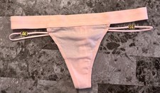 NWT VICTORIA'S SECRET XS PINK STRAPPY GOLD THICK LOGO WAISTBAND THONG PANTIES